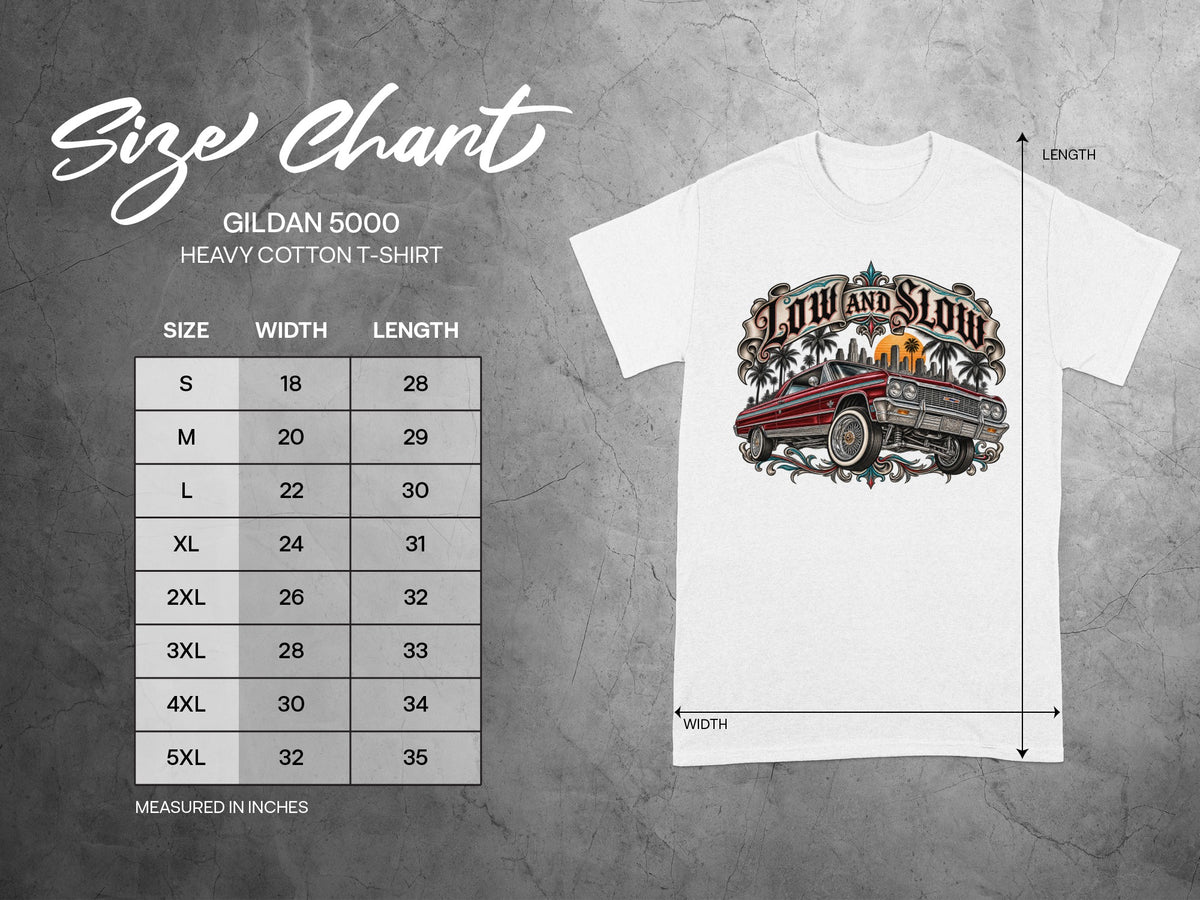 Gildan 5000 Heavy Cotton t-shirt size chart with measurements in inches.