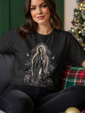 Black t-shirt with Virgen de Guadalupe design and surrounding roses.