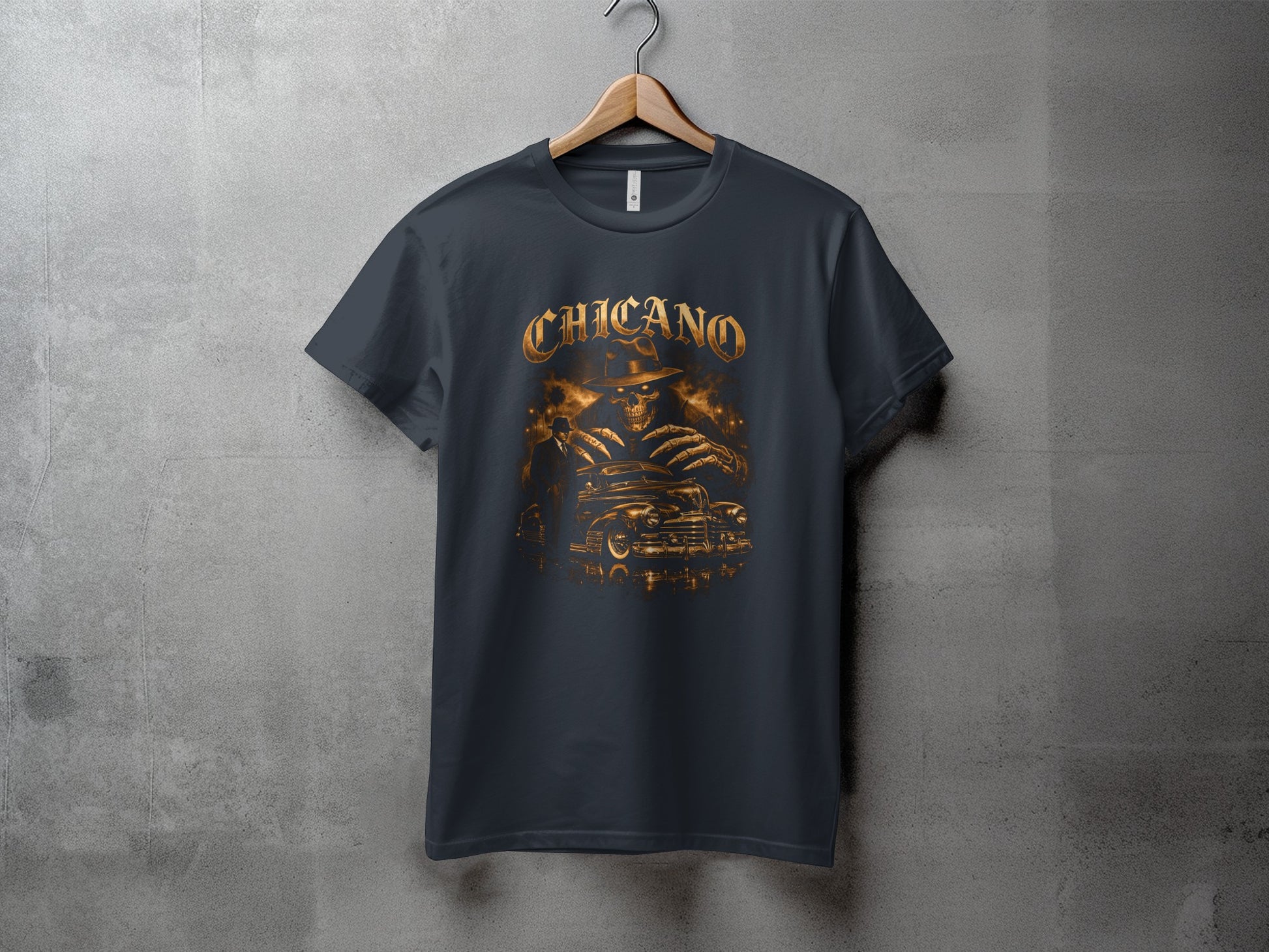 Dark grey t-shirt with "CHICANO" text and a skeletal figure with classic cars.