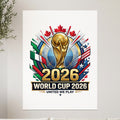 2026 World Cup logo with trophy and flags of participating nations.