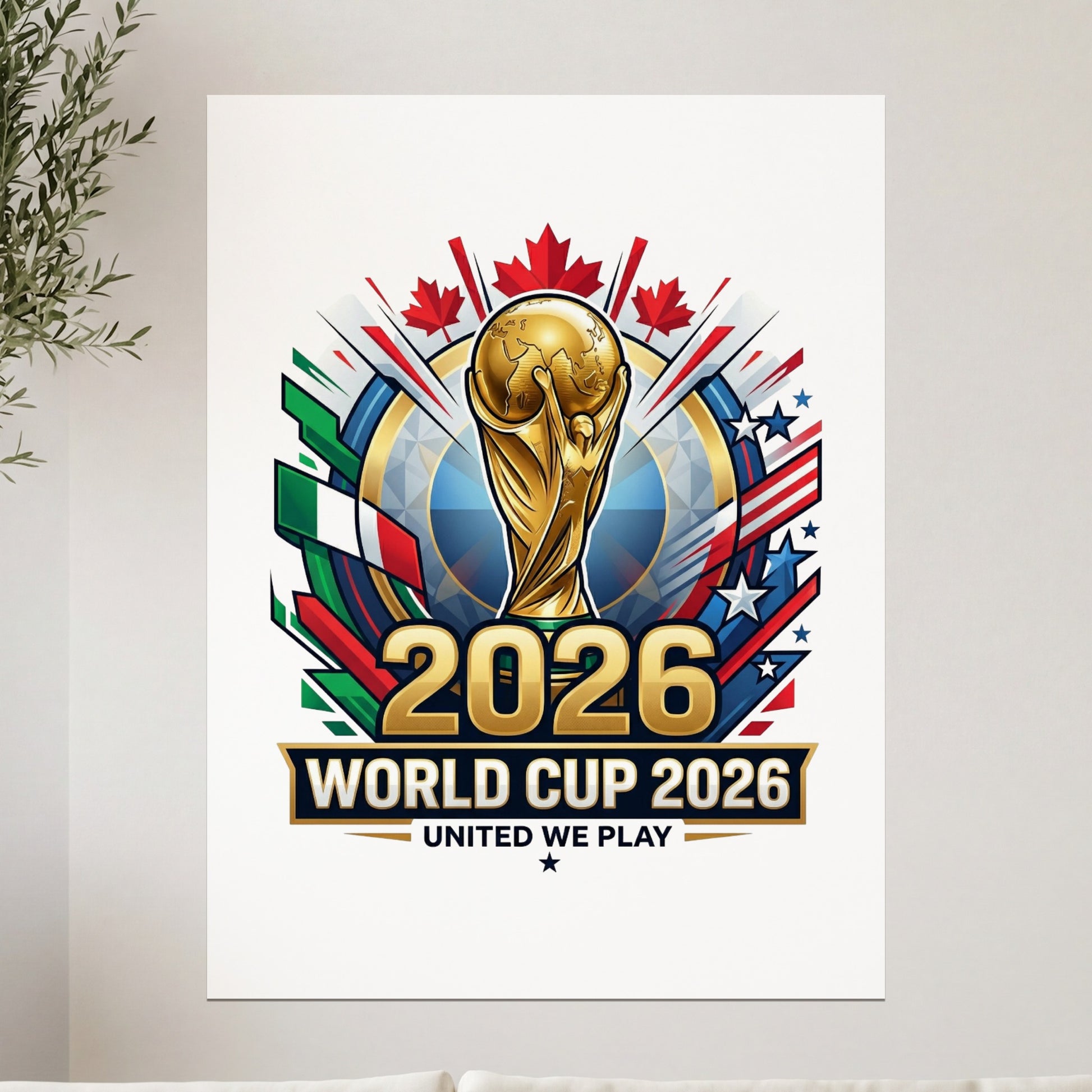 2026 World Cup logo with trophy and flags of participating nations.