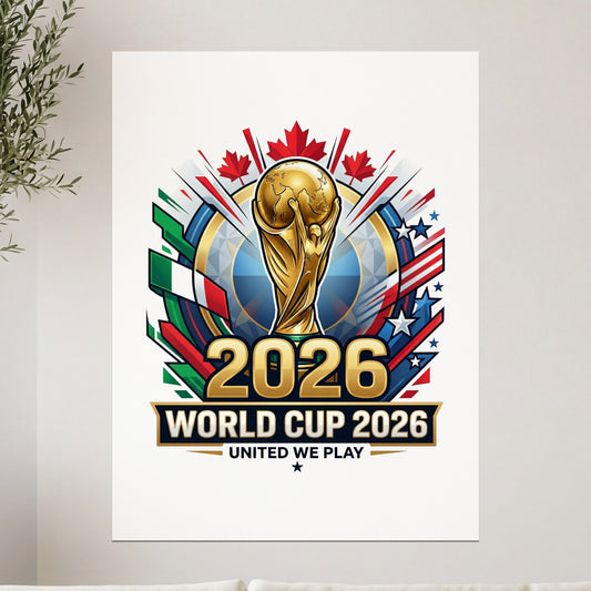 2026 World Cup logo with trophy and flags of participating nations.