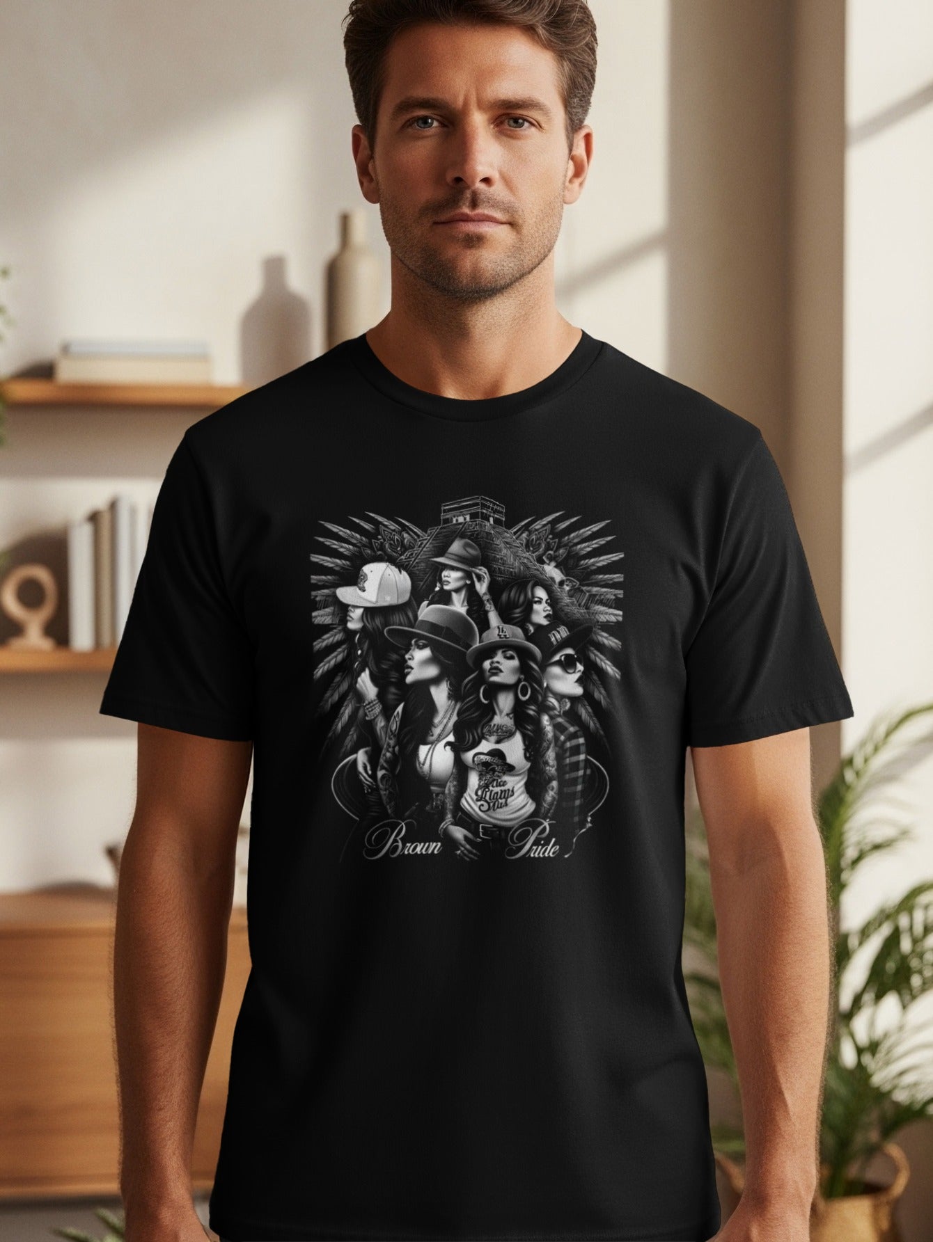 T-shirt graphic featuring a group of women with "Brown Pride" text.