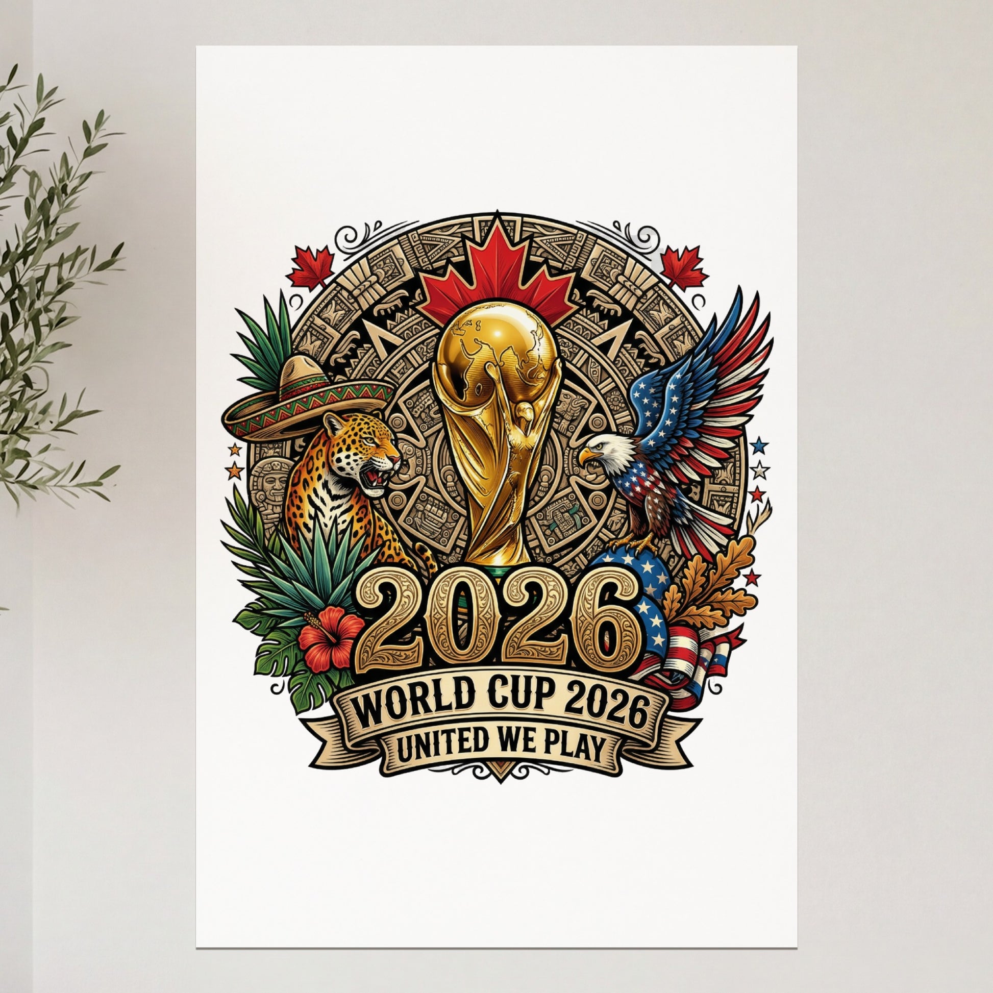 2026 World Cup United We Play logo with trophy, eagle, jaguar, and flags.