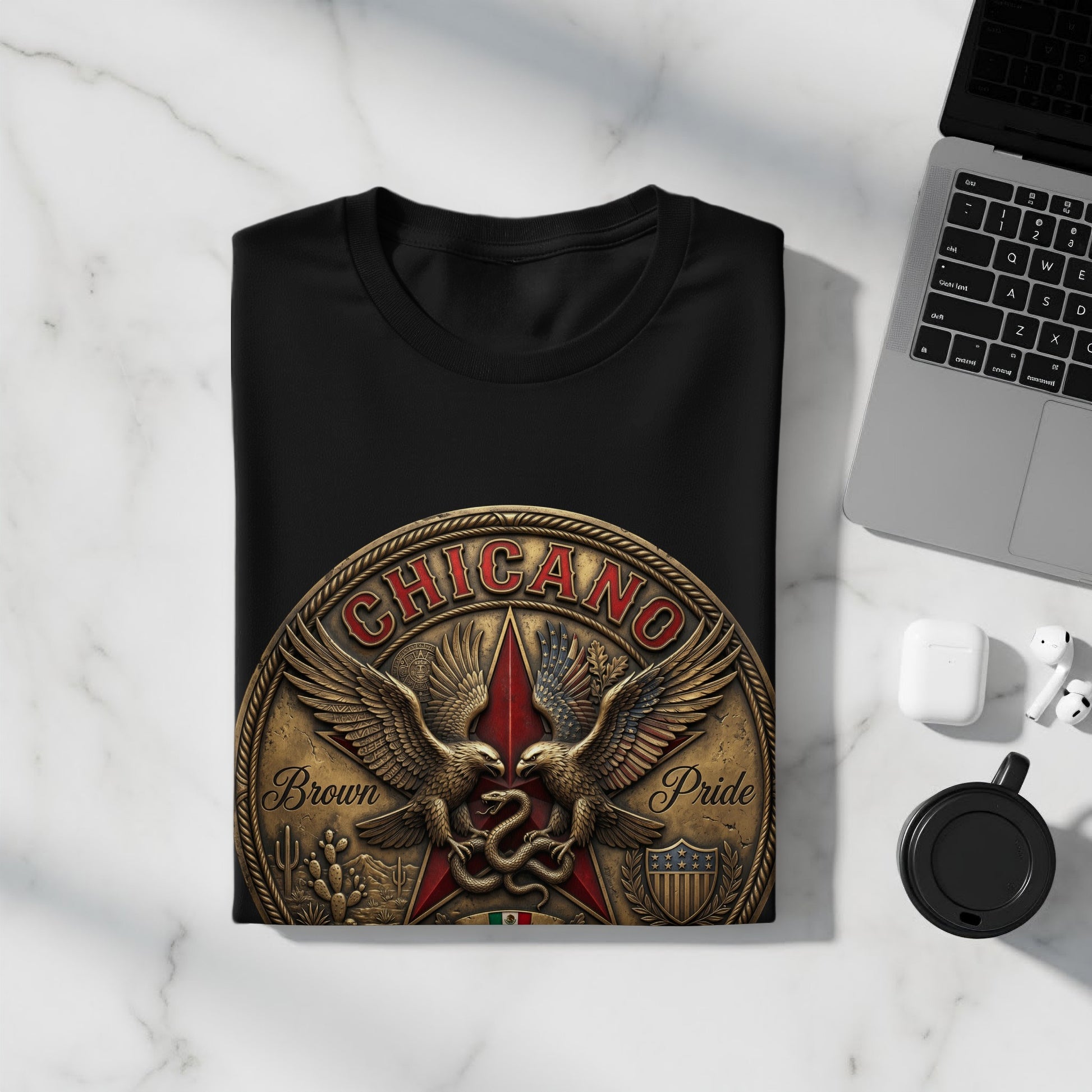 Black t-shirt with round CHICANO Brown Pride emblem featuring eagles and a snake.