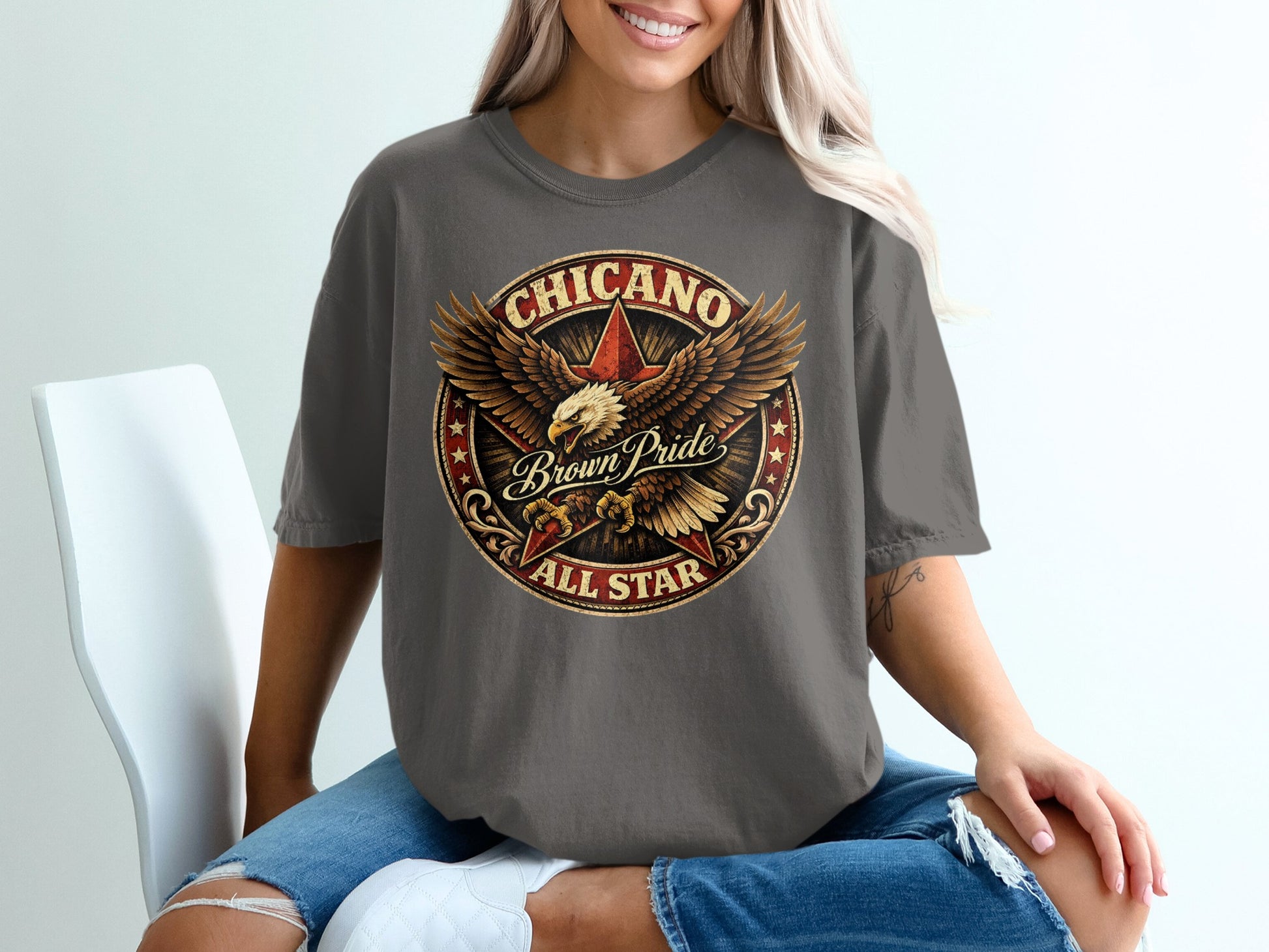 Circular graphic with eagle, stars, and text "CHICANO Brown Pride ALL STAR".
