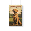 Labrador Retriever sitting in a field with trees and rolling hills.
