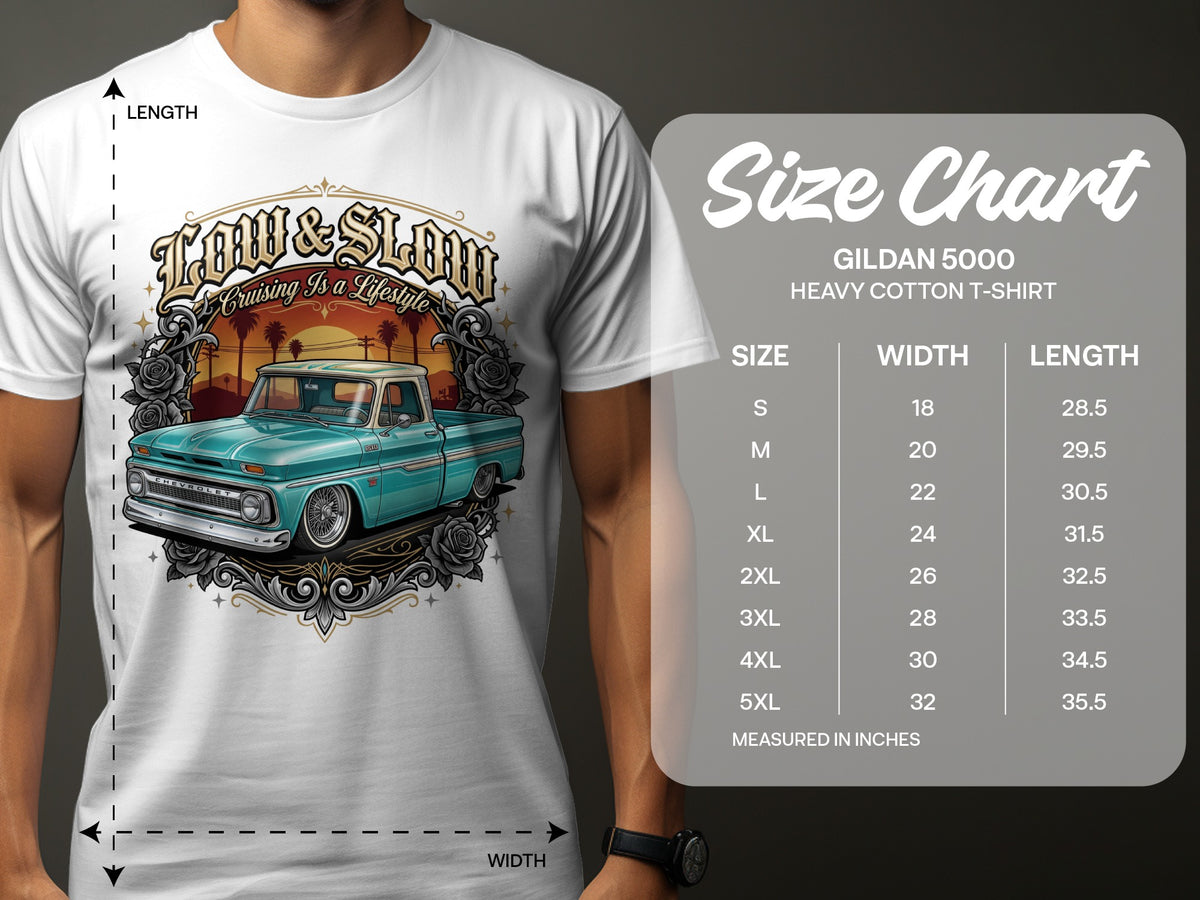 Gildan 5000 t-shirt size chart with measurements in inches.