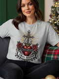 Gray t-shirt with a Sacred Heart design, crown of thorns, roses, cross, and 