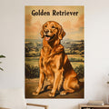 Golden Retriever dog sitting in a field with text above.