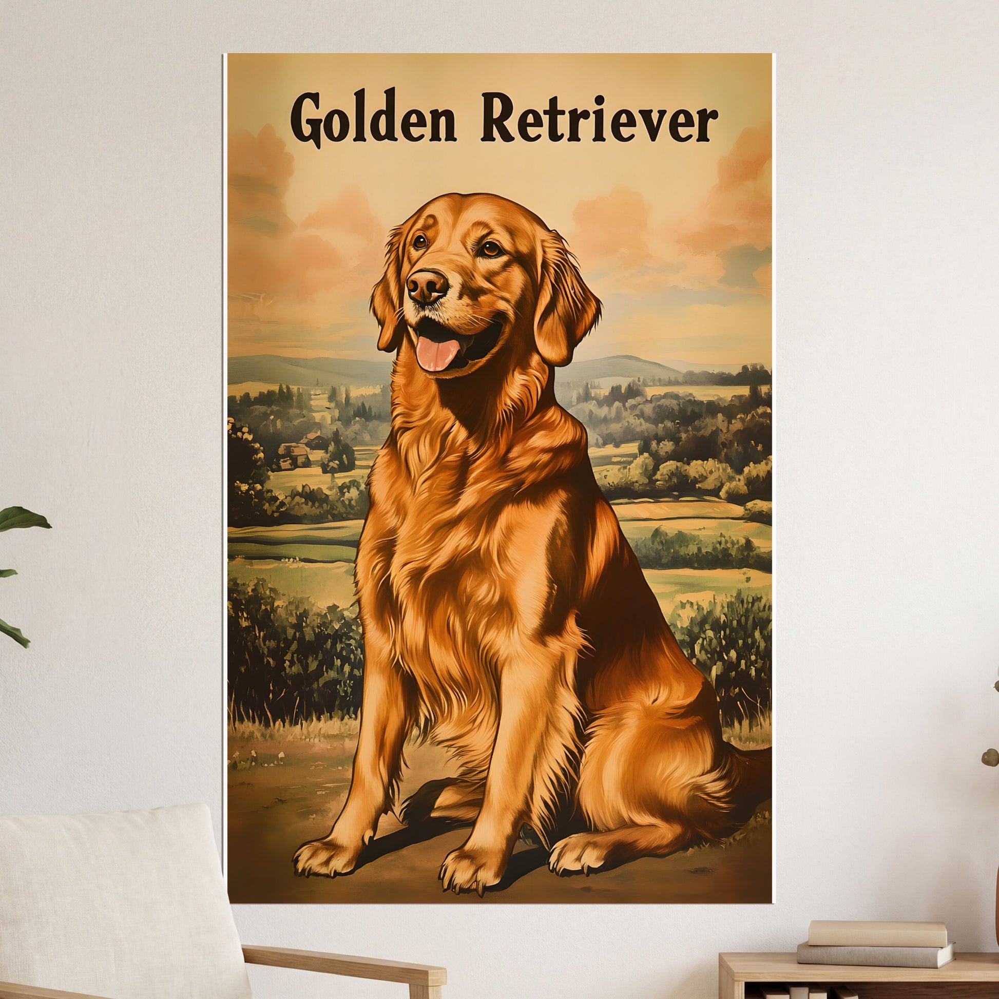 Golden Retriever dog sitting in a field with text above.
