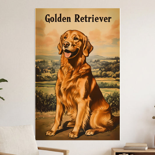 Golden Retriever dog sitting in a field with text above.