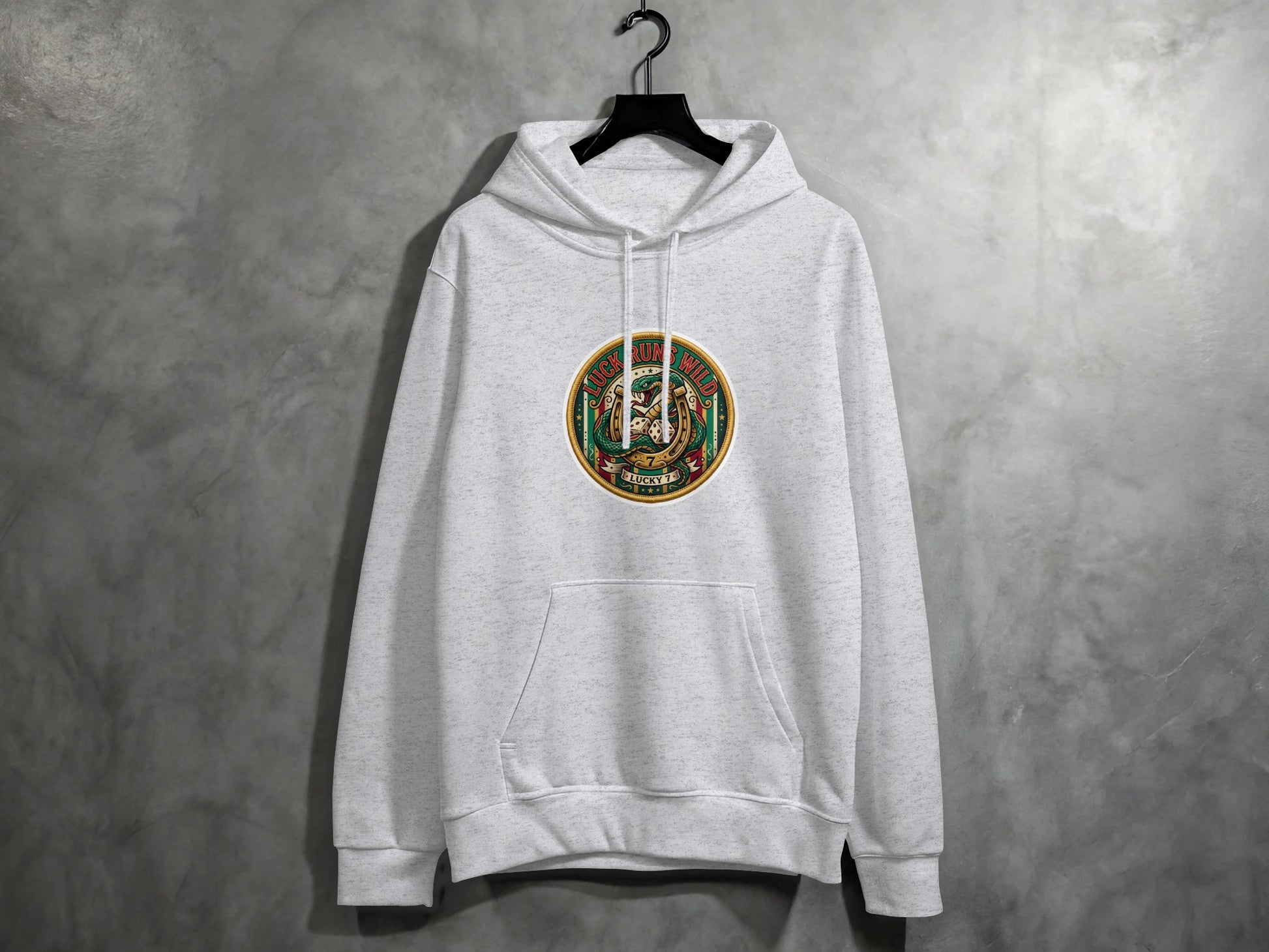 Gray hoodie with circular graphic featuring a snake, horse, and text.
