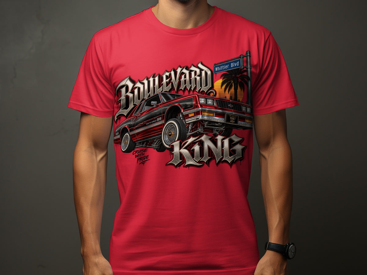 Red t-shirt with "Boulevard King" graphic featuring a red 1987 Monte Carlo SS lowrider.