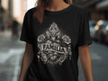 Black t-shirt with a heart, roses, cross, and 
