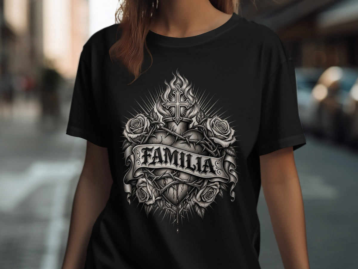 Black t-shirt with a heart, roses, cross, and "Familia" text graphic.