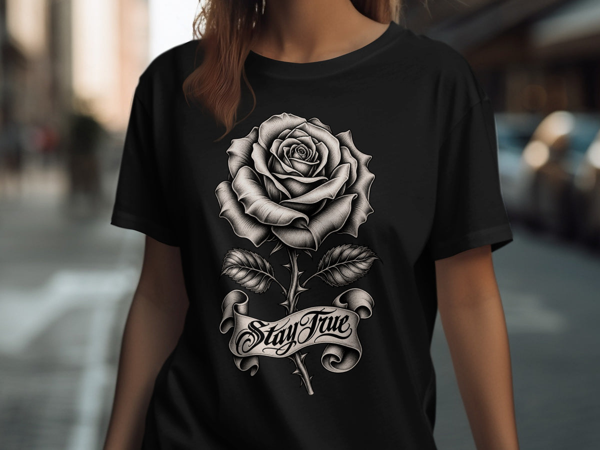 Black t-shirt with a monochrome rose and "Stay True" banner graphic.