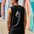 Black tank top with a grayscale image of a hand holding a rosary on the back.