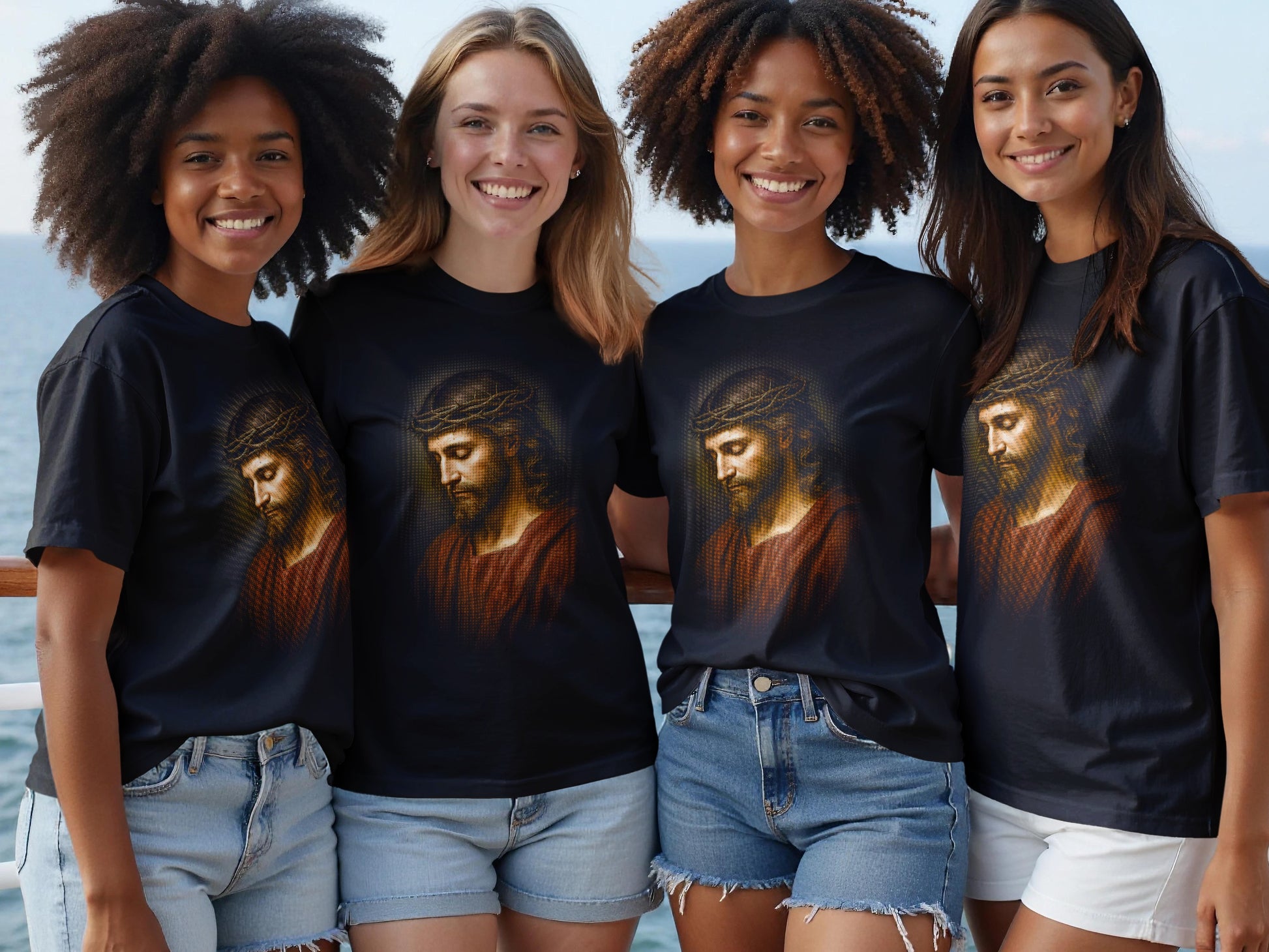 Four women in t-shirts featuring a portrait of Jesus Christ.