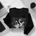 Black sweatshirt featuring a Day of the Dead sugar skull couple design.