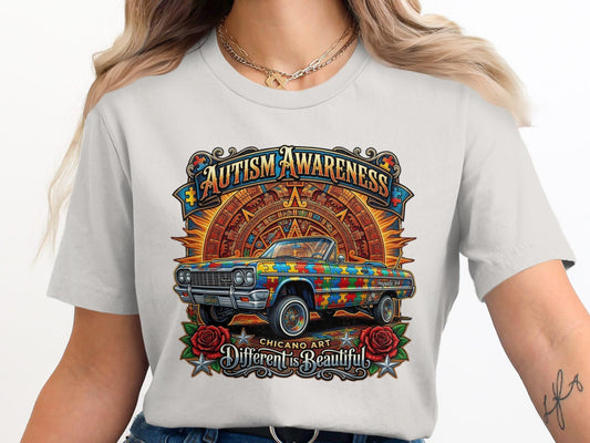 Autism Awareness T-Shirt, Chicano Art Impala 64 Lowrider, Puzzle Piece Car Apparel