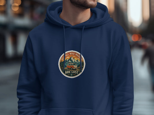 Navy hoodie with circular patch featuring a camper van and mountains.