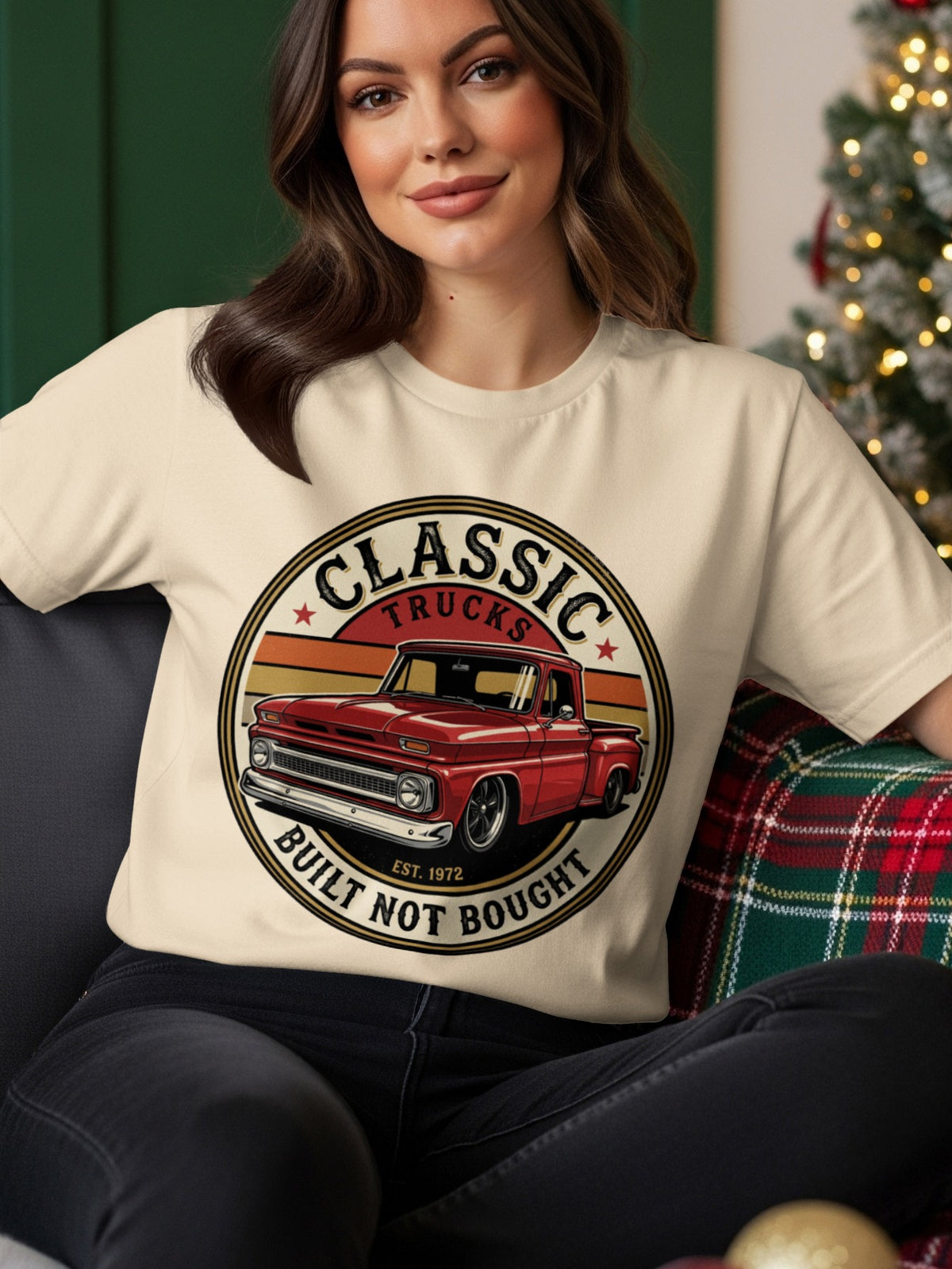 T-shirt graphic with red classic truck, "Classic Trucks" and "Built Not Bought" text.