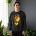 Black crewneck sweatshirt with a Jesus praying graphic print.