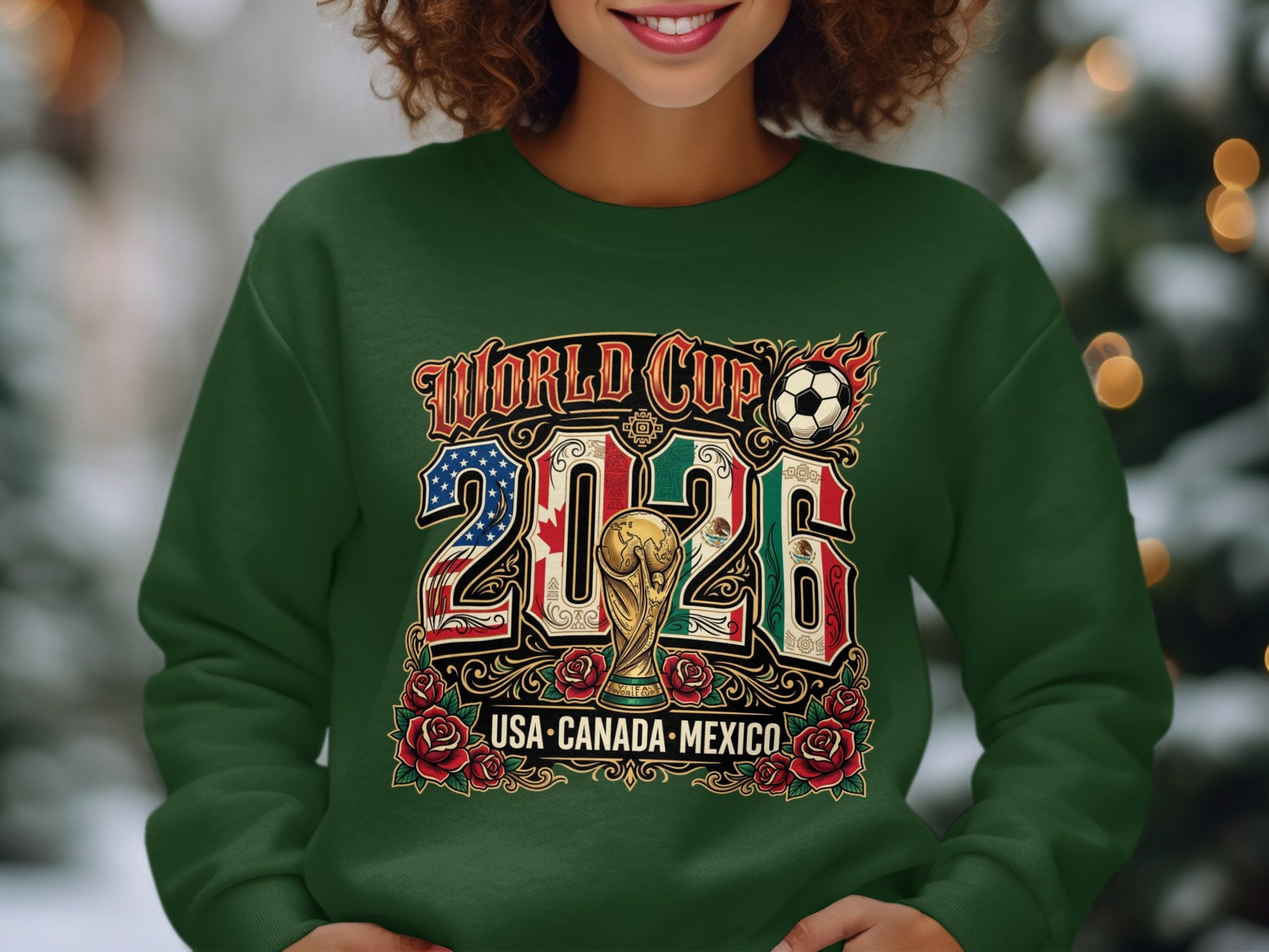 World Cup 2026 USA Canada Mexico sweatshirt with roses and soccer ball.