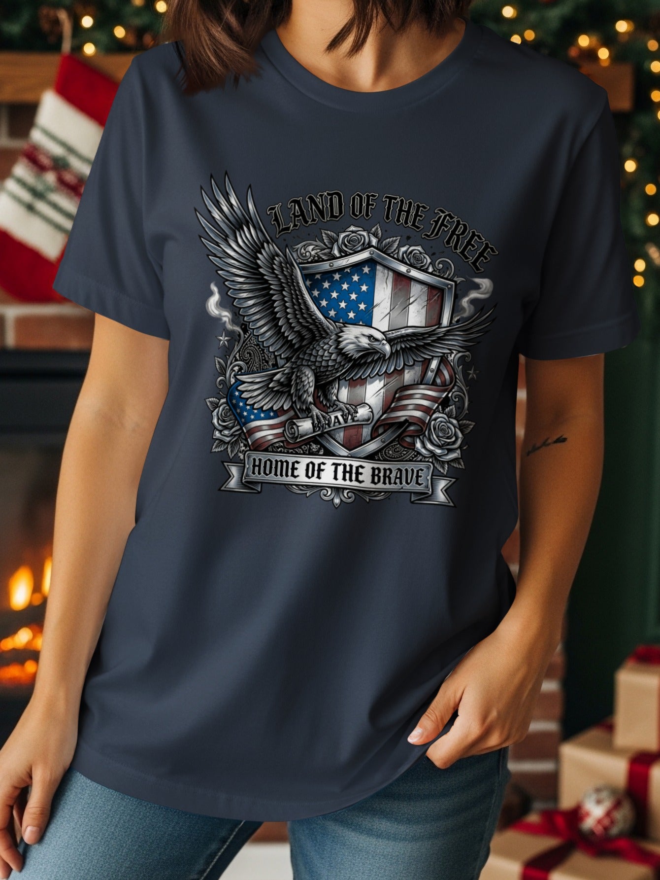 Eagle with American flag shield and text "Land of the Free, Home of the Brave."