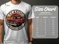Gildan 5000 size chart with vintage red truck graphic and measurements.