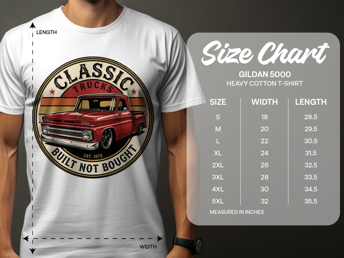 Gildan 5000 size chart with vintage red truck graphic and measurements.