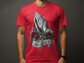 Red t-shirt with praying hands, rosary, roses, cross, and 