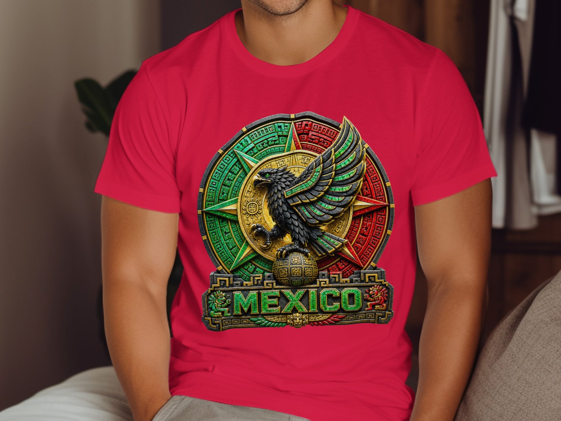 Red t-shirt with Mexican eagle emblem and "MEXICO" text.