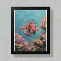 Oil painting of a red and white lionfish swimming among colorful coral reefs.