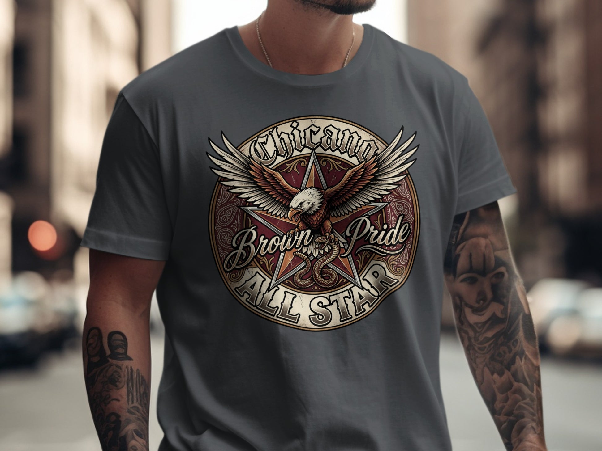 Brown Pride All Star t-shirt with eagle and snake design.