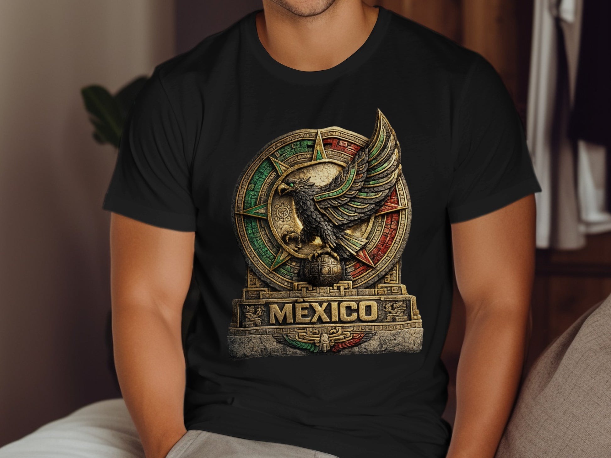 Black t-shirt featuring a circular Mexican eagle emblem with "MEXICO" text.