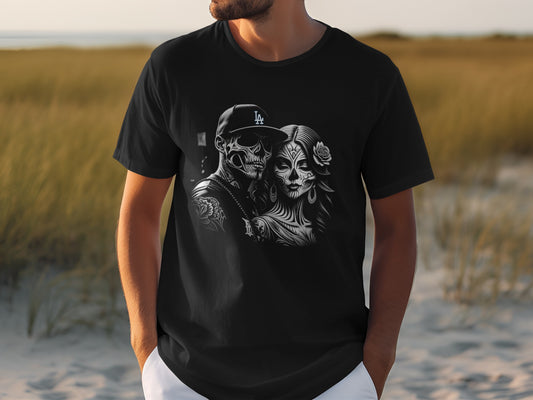 Black t-shirt featuring a skull couple with LA baseball cap and floral skull makeup.