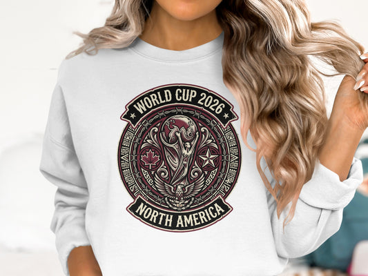 World Cup 2026 North America logo on a white sweatshirt.