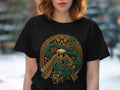 Black t-shirt with a circular Aztec design featuring a feathered serpent and pyramid.