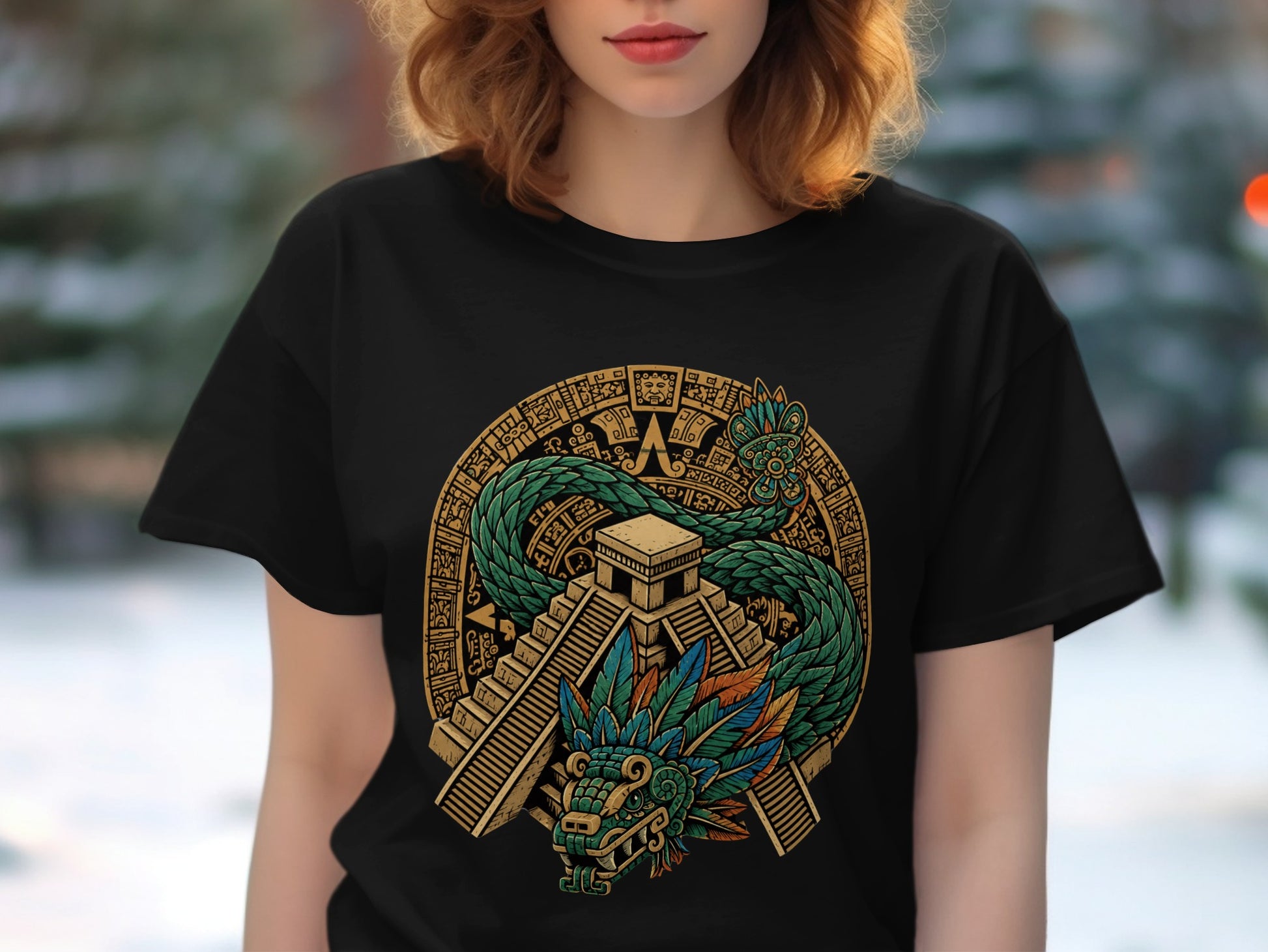 Black t-shirt with a circular Aztec design featuring a feathered serpent and pyramid.