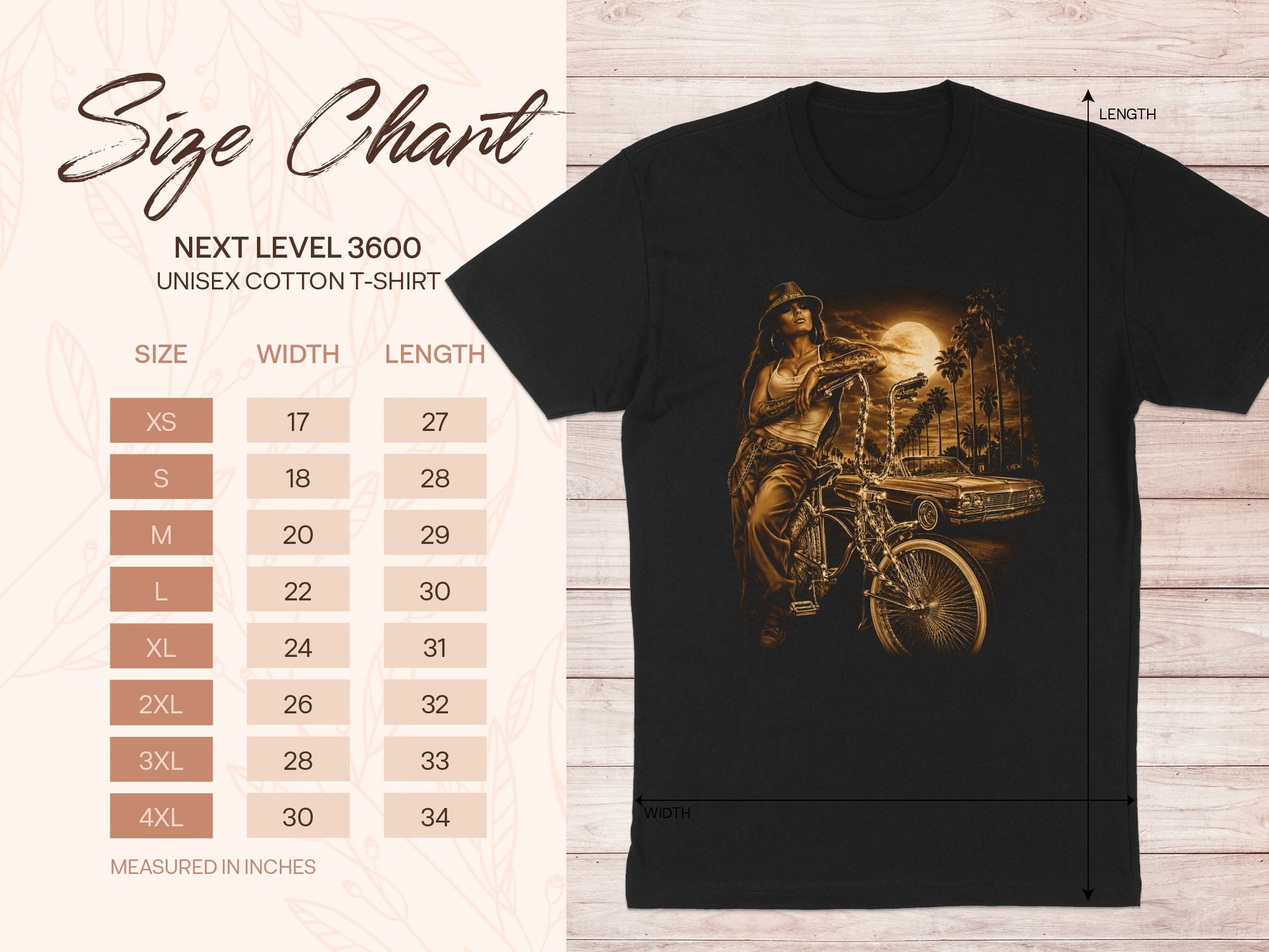 Next Level 3600 unisex t-shirt size chart with measurements.