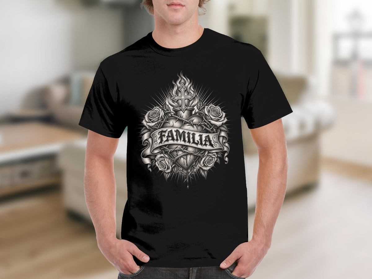 Black t-shirt with a grayscale sacred heart, roses, and cross design with "Familia" text.