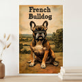 French Bulldog sitting in a field with a vintage poster style.