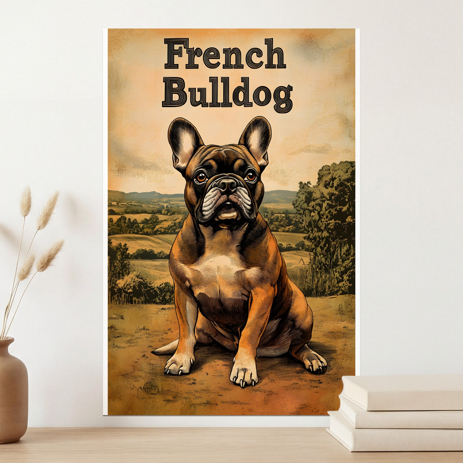French Bulldog sitting in a field with a vintage poster style.