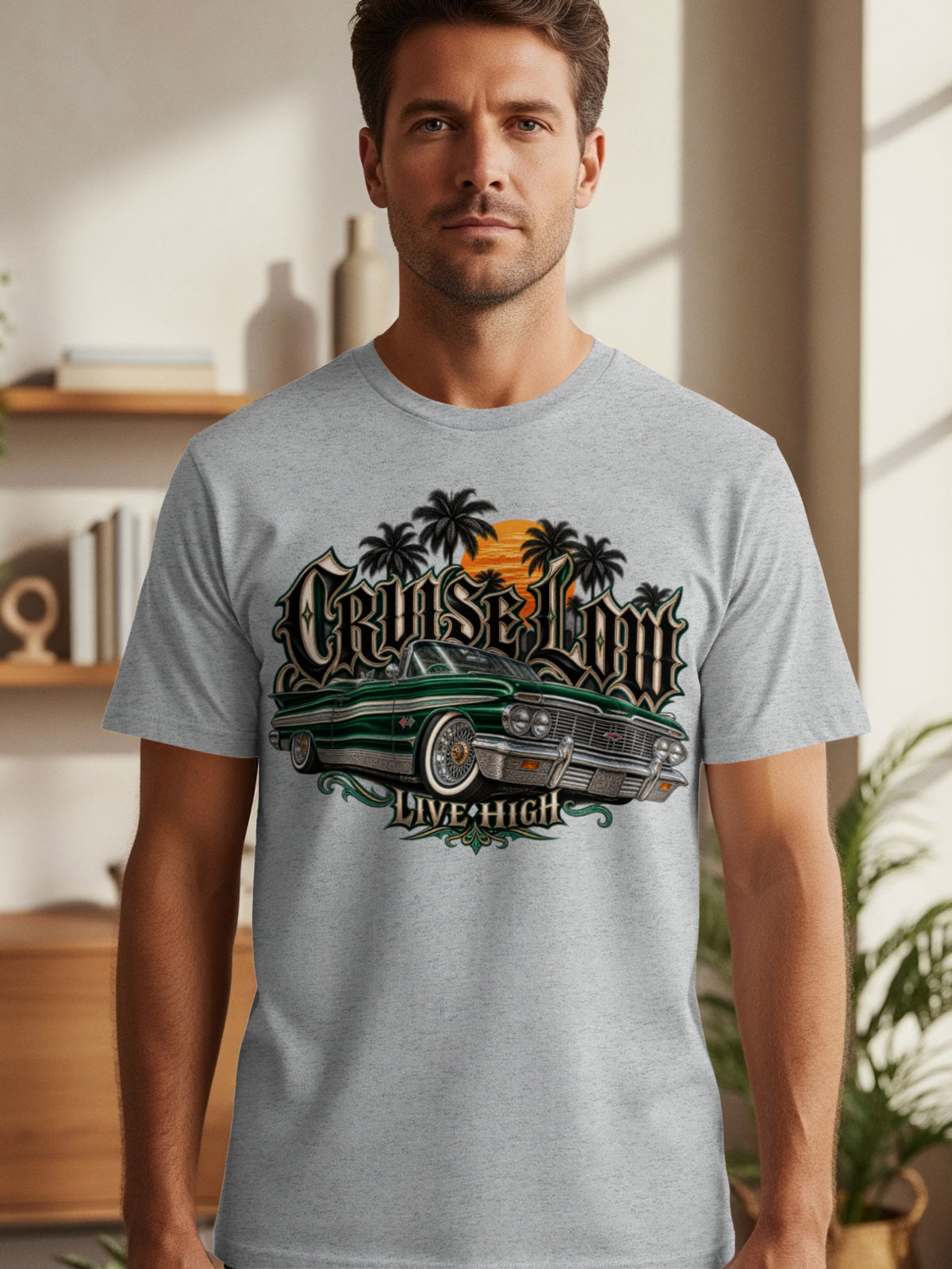 Green classic lowrider car with palm trees, sunset, and "CRUISE LOW LIVE HIGH" text.