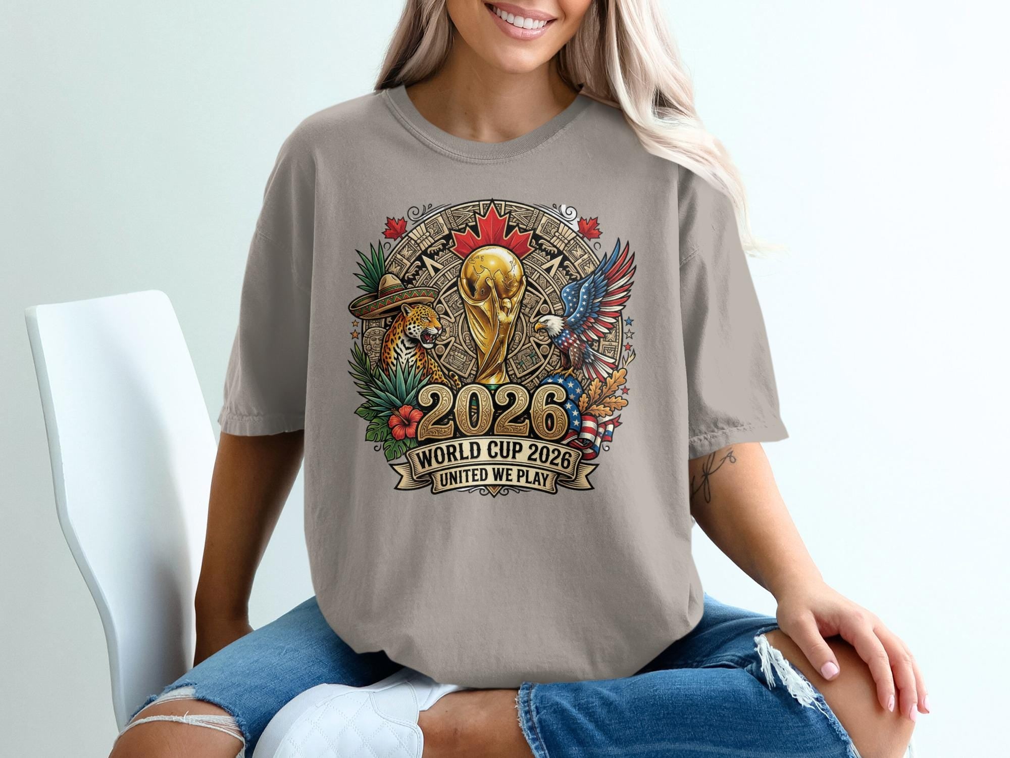2026 World Cup T-Shirts, United We Play Soccer Tee, USA Canada Mexico Football Fan Shirt, Patriotic Eagle Jaguar Sombrero Design, Global