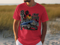 Red t-shirt with graphic of blue 1963 Impala lowrider and 