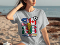 2026 World Cup USA Canada Mexico t-shirt with flags and trophy.