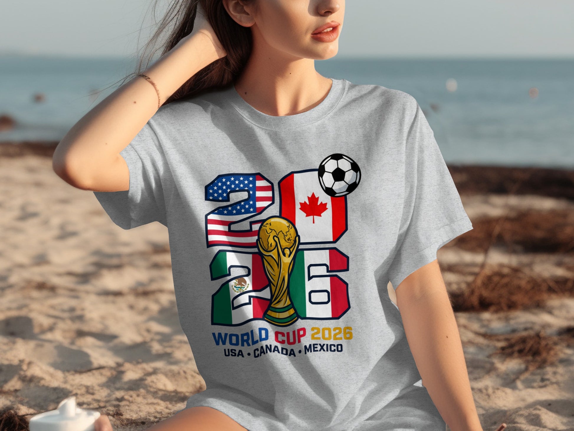 2026 World Cup USA Canada Mexico t-shirt with flags and trophy.